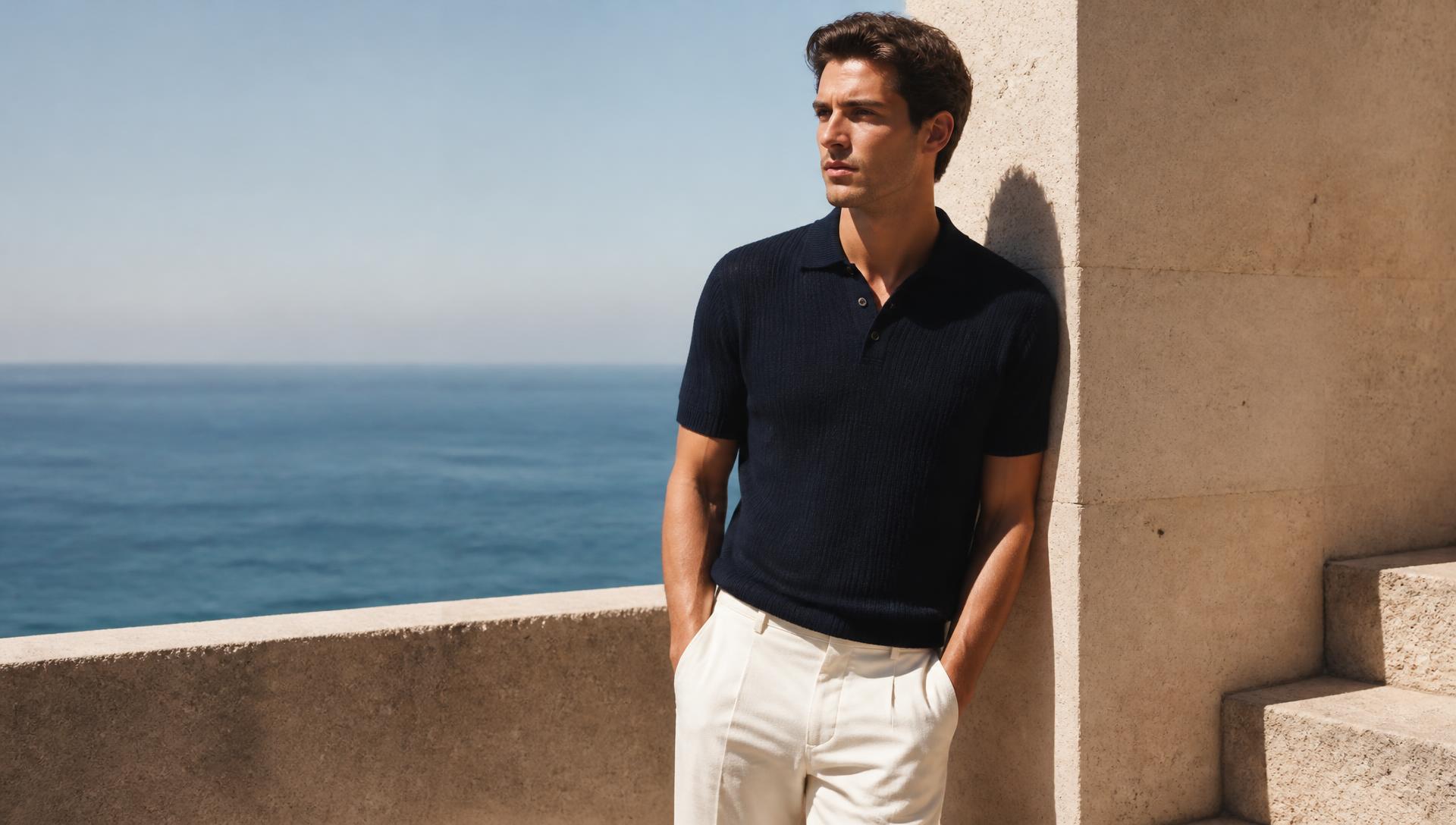 Lacivert kısa kollu triko polo giyen erkek model, sahil terası